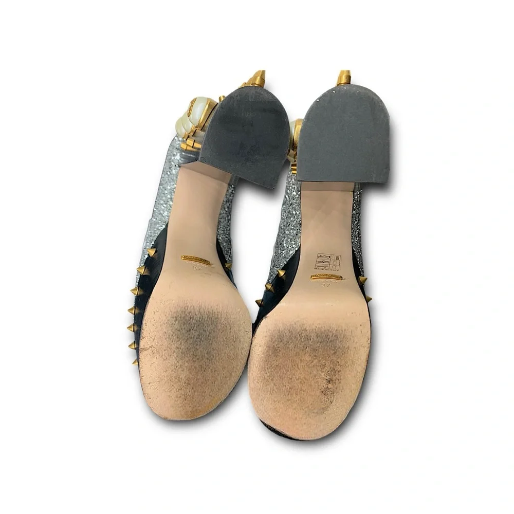 Gucci Vegas Silver Glitter Platform Loafers with Gold Stud & Spike Accents Rare